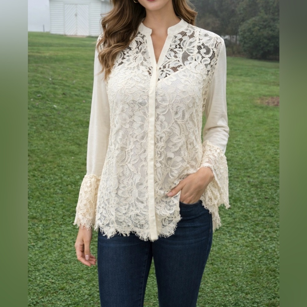 -Chico’s Lace NWT Ruffle Top 2pc Cream Women’s Size 0/ Small